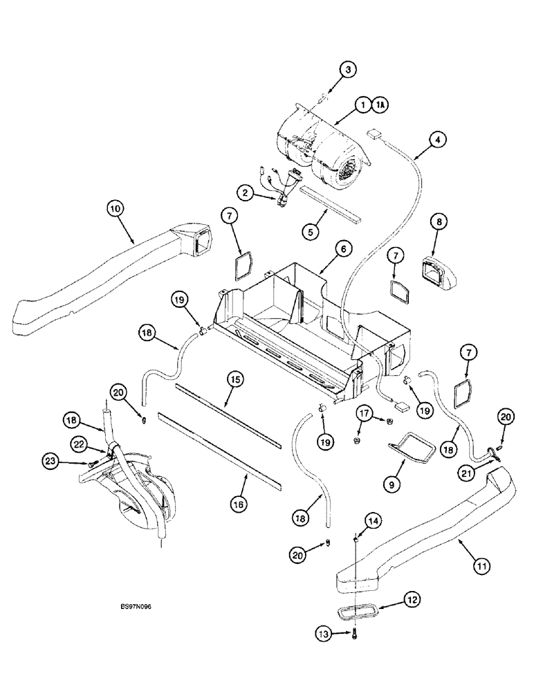 Схема запчастей Case 590SL - (9-86) - CAB, BLOWER HOUSING, HEAT AND AIR VENTILATION DUCTS, AND DRAIN LINES (09) - CHASSIS/ATTACHMENTS