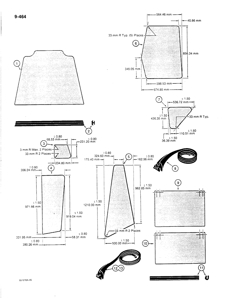 Схема запчастей Case 780C - (9-464) - CAB GLASS - METRIC DIMENSIONS (09) - CHASSIS/ATTACHMENTS