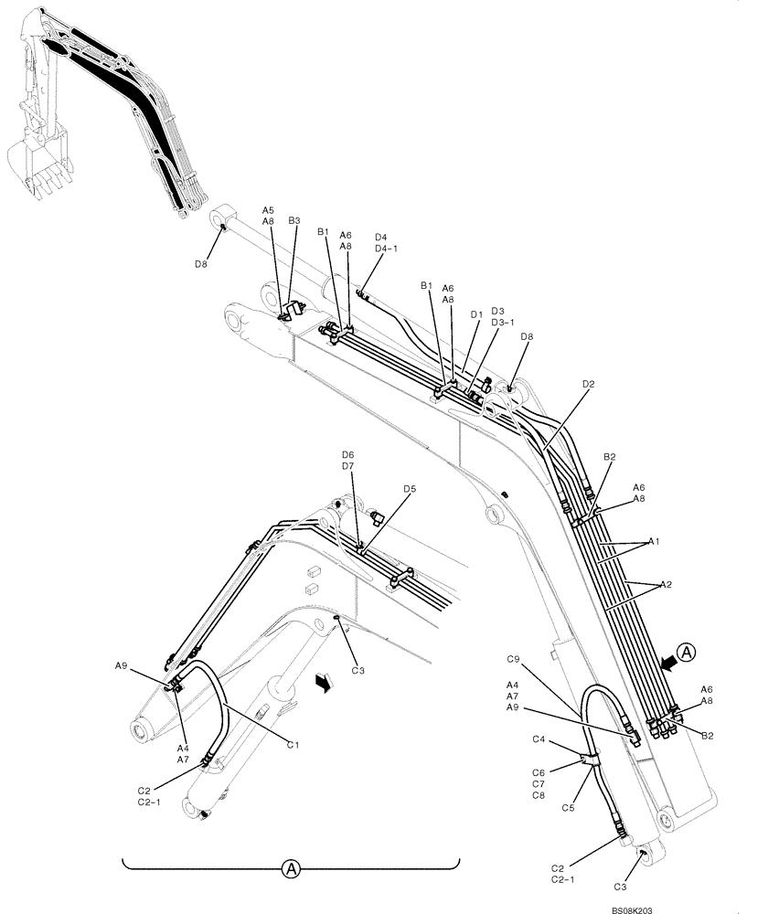 Схема запчастей Case CX50B - (03-002) - HYDRAULIC LINES, BOOM 2.79M (9FT 2IN) (PY42H00042F1, PY42H00059F1, PY42H00050F1, PY42H00027F1) Attachments