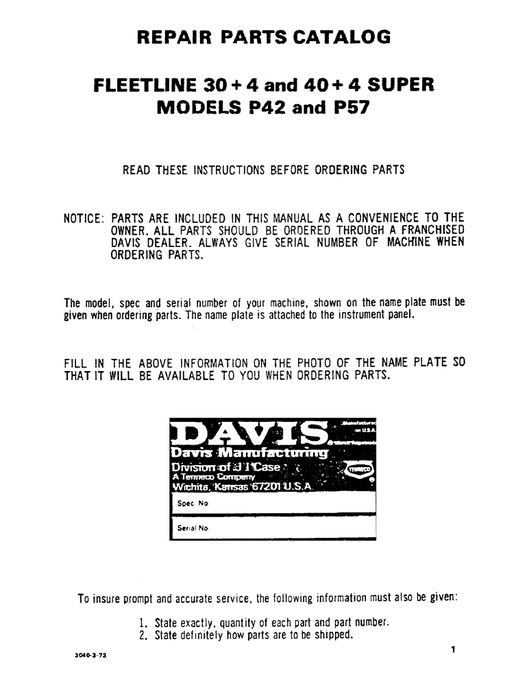 Схема запчастей Case P42 - (01) - READ THESE INSTRUCTIONS BEFORE ORDERING PARTS 