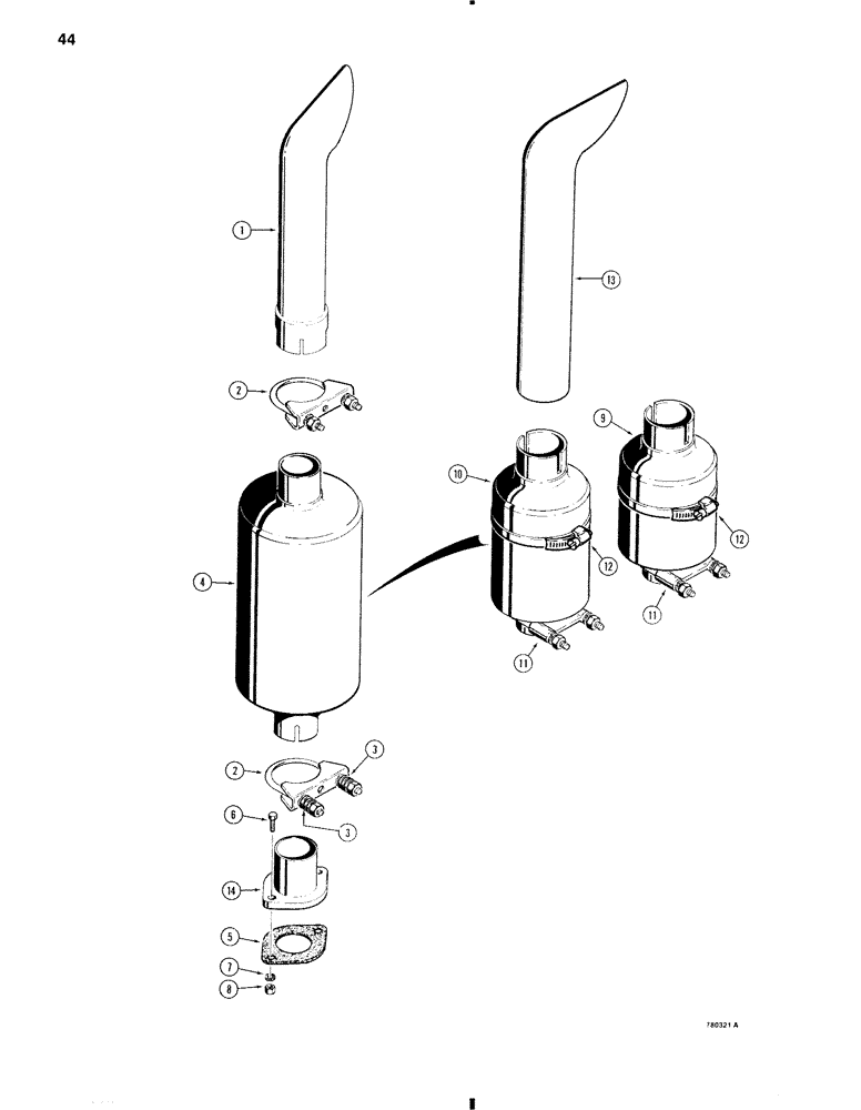 Схема запчастей Case W11 - (044) - MUFFLER AND EXHAUST SYSTEM (02) - ENGINE