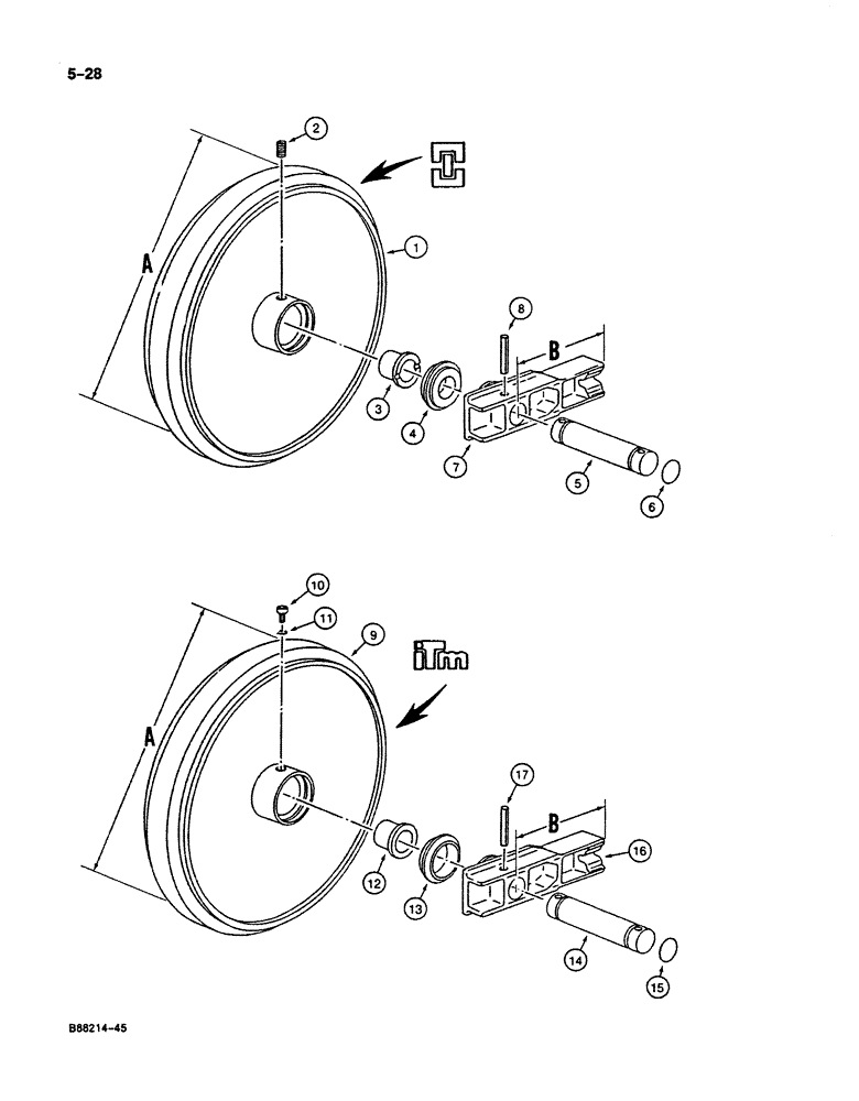 Схема запчастей Case 125B - (5-28) - TRACK IDLER, W/ 23-13/16" (605 MM) IDLER WHEEL DIA.("A" DIMENSION) (11) - TRACKS/STEERING