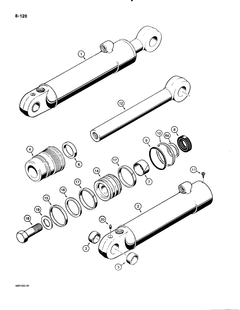 Схема запчастей Case 480E - (8-120) - 1340827C1 BACKHOE STABILIZER CYLINDER, 480E MODELS ONLY (08) - HYDRAULICS