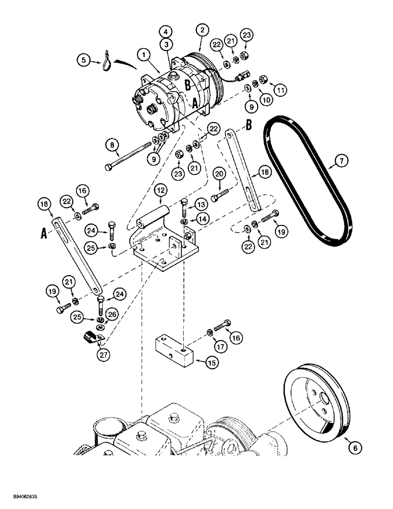 Схема запчастей Case 580SL - (9-128) - AIR CONDITIONING, COMPRESSOR MOUNTING AND DRIVE (09) - CHASSIS/ATTACHMENTS