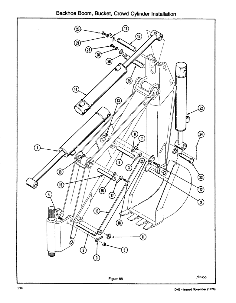 Схема запчастей Case DH5 - (176) - BACKHOE BOOM, BUCKET, CROWD CYLINDER INSTALLATION (84) - BOOMS, DIPPERS & BUCKETS