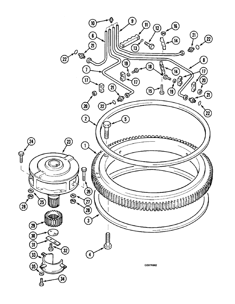 Схема запчастей Case 220B - (9-002) - TURNTABLE BEARING AND LUBRICATION LINES, P.I.N. 74441 THROUGH 74594 (09) - CHASSIS