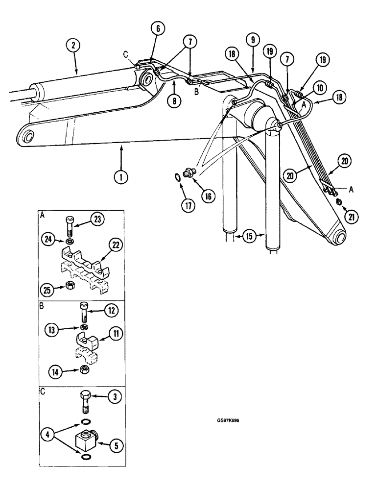 Схема запчастей Case 220B - (9-050) - BOOM LUBRICATION LINES, WITHOUT ADAPTERS BETWEEN TUBES AND GREASE FITTINGS, P.I.N. 74441 THRU 74569 (09) - CHASSIS