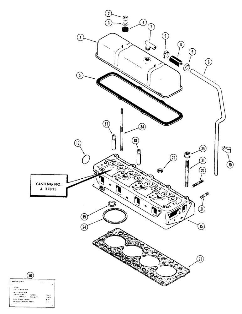 Схема запчастей Case 350 - (016) - CYLINDER HEAD AND COVER, 188 DIESEL ENGINE, WITH CYLINDER HEAD STUDS USED PRIOR TO ENG. S/N27411005 (01) - ENGINE