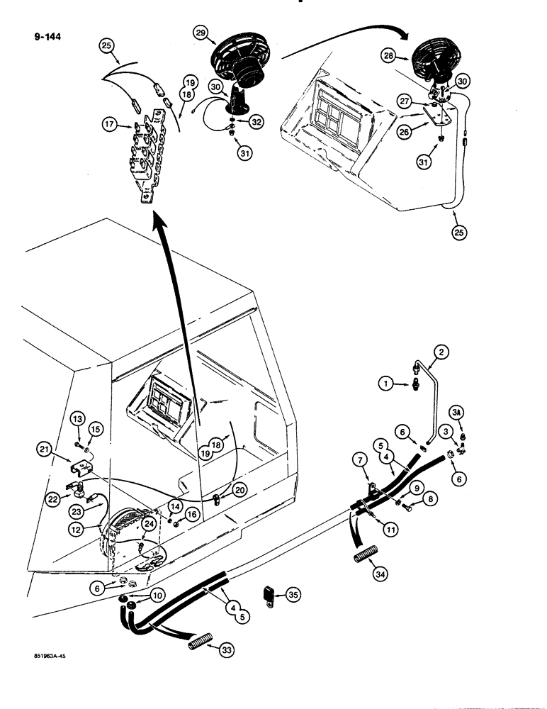 Схема запчастей Case 480E - (9-144) - CAB HEATER LINES AND DEFROSTER, 480E MODELS ONLY (09) - CHASSIS/ATTACHMENTS