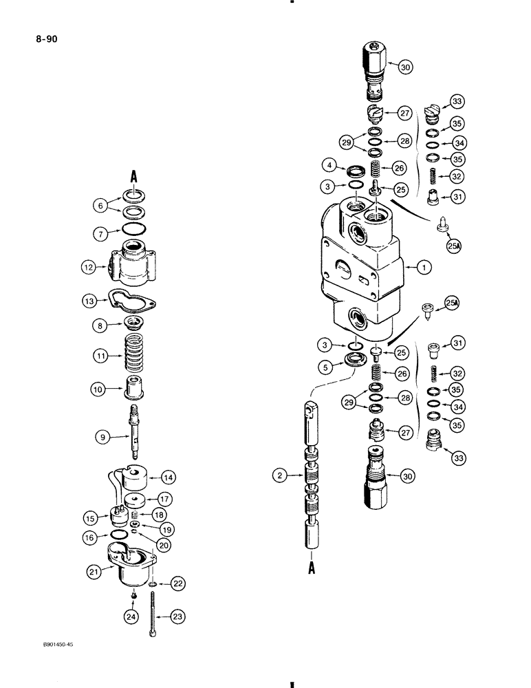 Схема запчастей Case 580K - (8-090) - LOADER CONTROL VALVE, BUCKET SECTION - WITH MAGNETIC DETENT, & CIRCUIT RELIEF VALVE (08) - HYDRAULICS