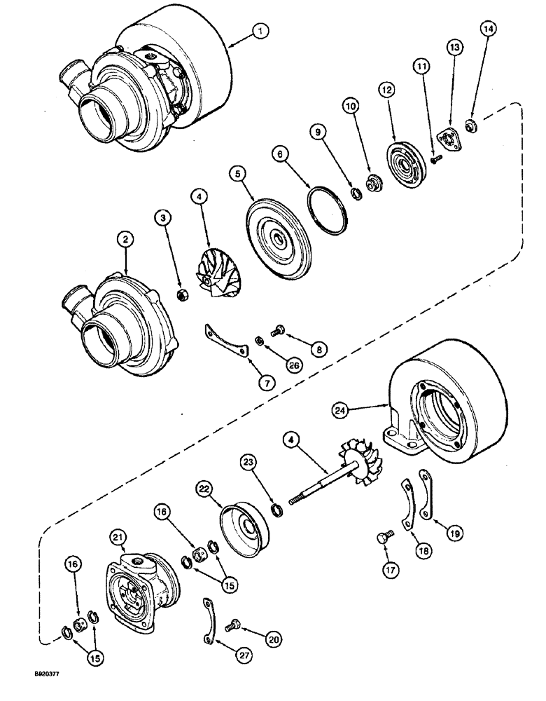 Схема запчастей Case 590 - (2-24) - TURBOCHARGER ASSEMBLY, 4T-390 ENGINE (02) - ENGINE