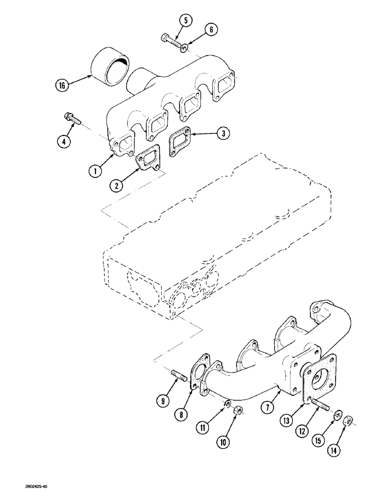 Схема запчастей Case 1825 - (2-34) - INTAKE MANIFOLD & EXHAUST MANIFOLD, DIESEL MODELS (02) - ENGINE