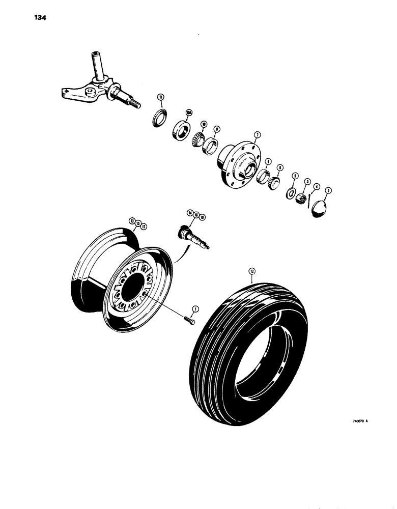 Схема запчастей Case 680E - (134) - FRONT WHEELS AND HUBS, USED ON MODELS WITH 11.00 X 16-12 PLY (44) - WHEELS