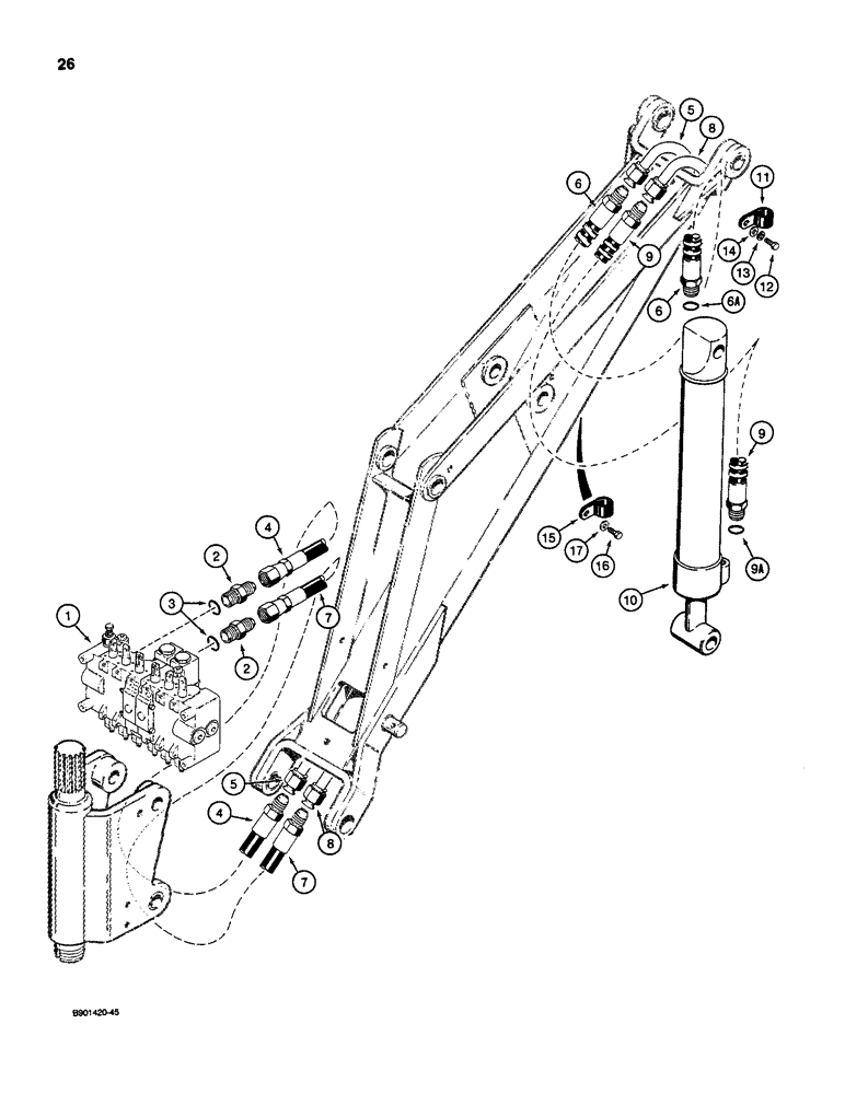 Схема запчастей Case D100 - (7-026) - BACKHOE BUCKET CYLINDER HYDRAULIC CIRCUIT, USED ON 1835C, 1840 & 1845C UNI-LOADERS W/ DUKE VALVE 