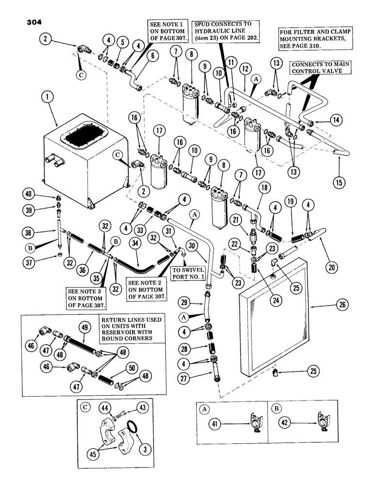 Схема запчастей Case 980B - (304) - MAIN VALVE TO RESERVOIR AND COOLER TUBING, (USED ON UNITS PRIOR TO PIN 6204051) (07) - HYDRAULIC SYSTEM