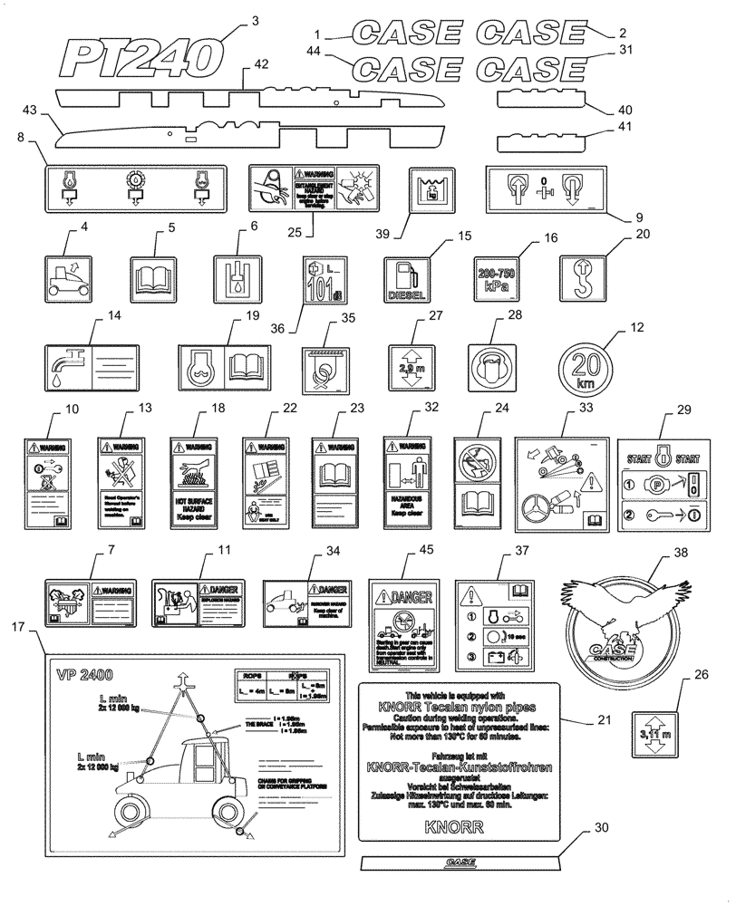 Схема запчастей Case PT240 - (90.108.01) - DECALS, ENGLISH PT240 (GROUP 510 & 510-P) (ND147996/ND147997) (90) - PLATFORM, CAB, BODYWORK AND DECALS