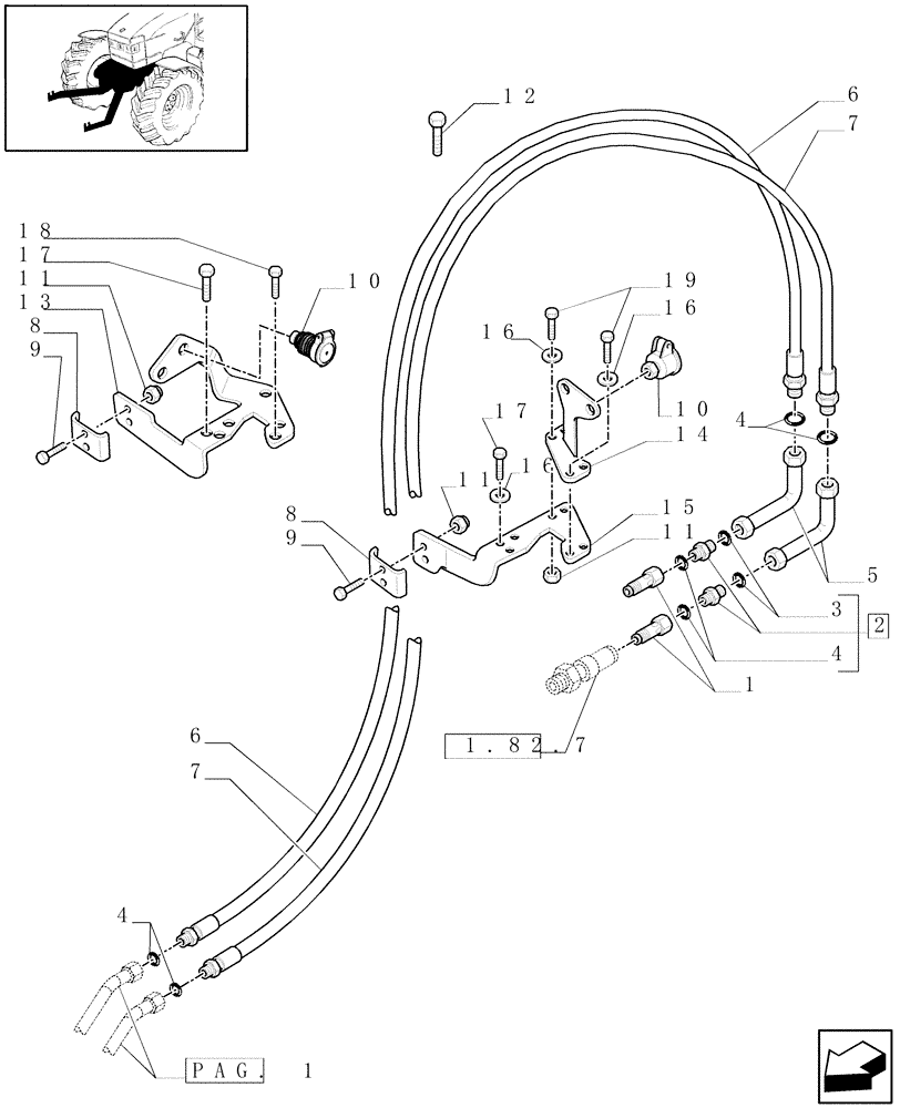 Схема запчастей Case IH MXU130 - (1.81.9/01[02]) - (VAR.340) 2 FRONT FAST-FITTING CONNECTIONS CONNECTED TO THE REAR CONTROL VALVES - PIPES (07) - HYDRAULIC SYSTEM