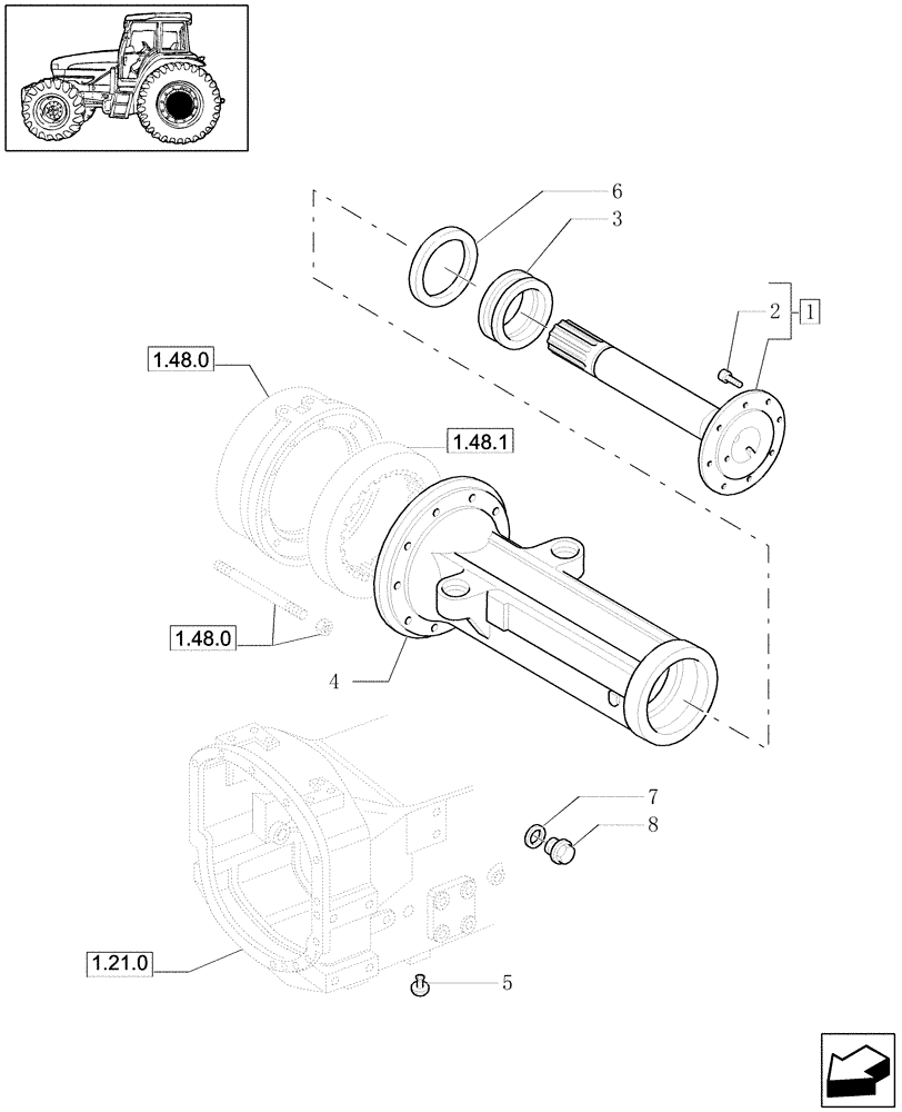 Схема запчастей Case IH JX1100U - (1.48.1/03) - (VAR.422) VERSION FOR JAPAN - FWD SHAFT - SIDE REDUCTION GEAR BOX, SHAFT (05) - REAR AXLE