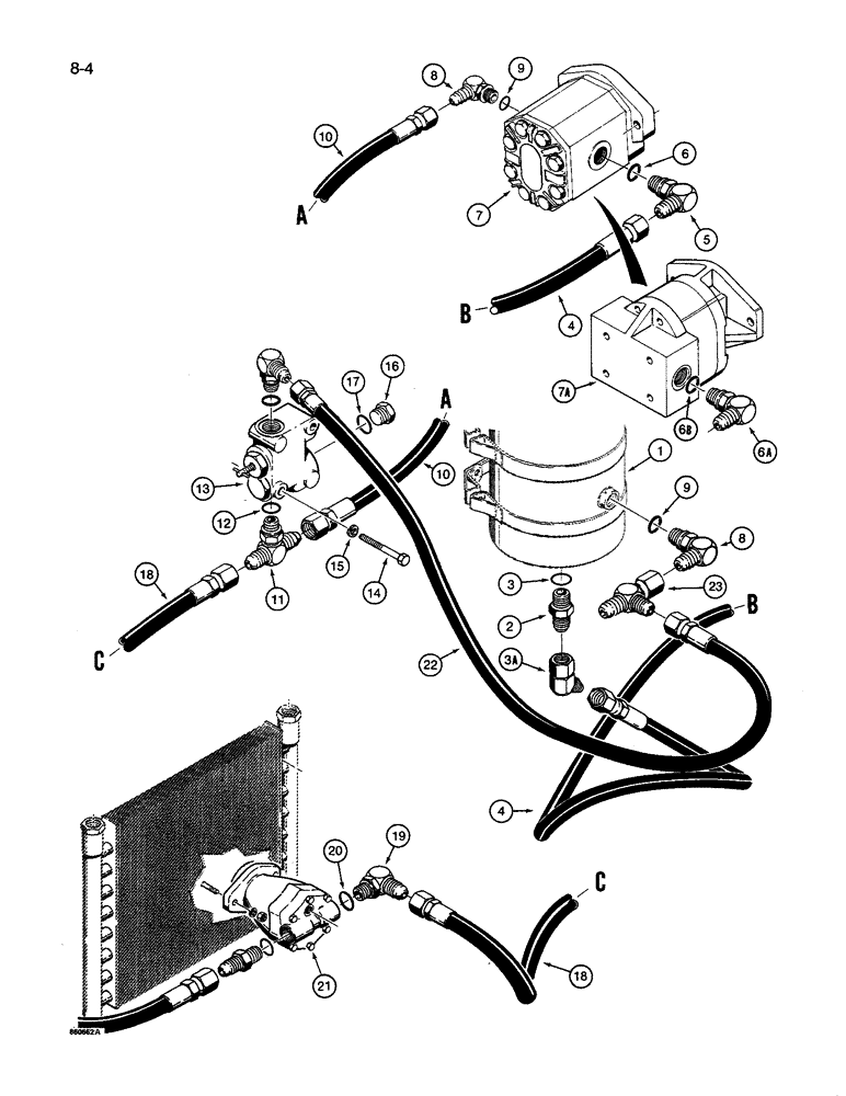 Схема запчастей Case IH 8600 - (8-04) - FAN HYDRAULIC SYSTEM, SUCTION AND PRESSURE LINES, USED WITH P.T.O. PUMP PRESSURE (08) - HYDRAULICS