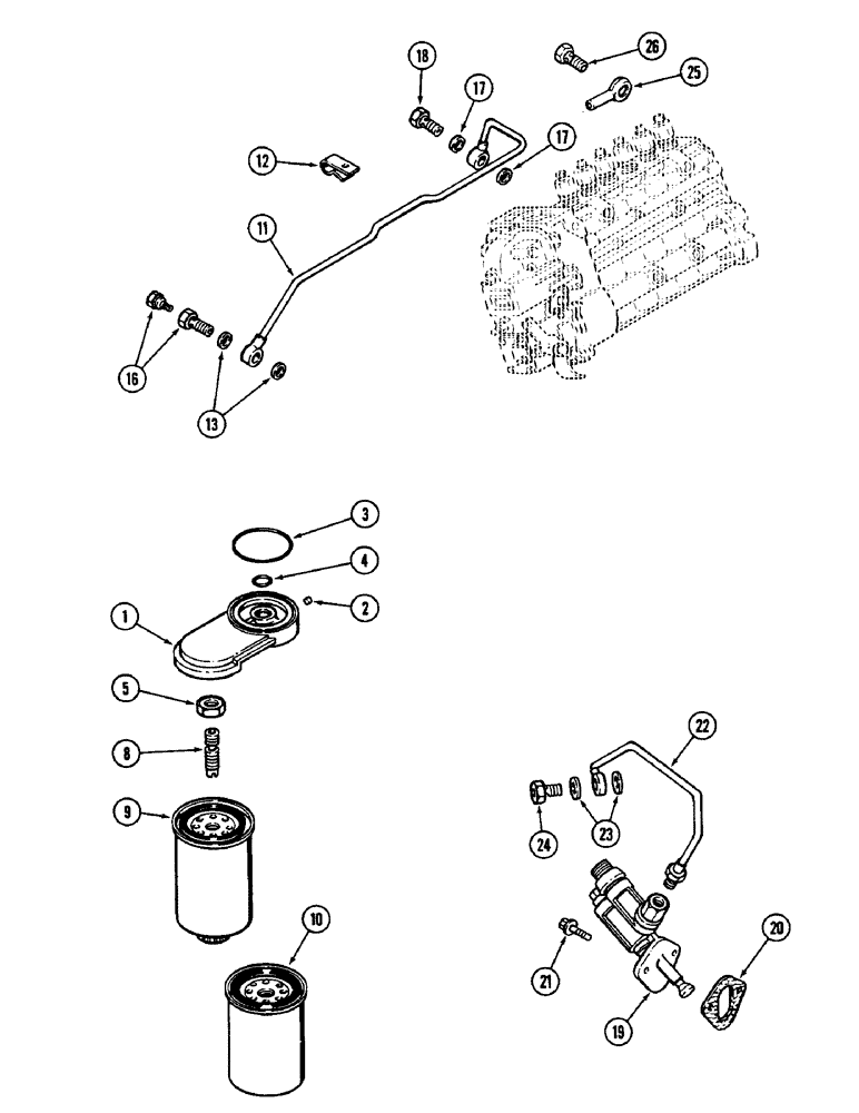 Схема запчастей Case IH 9110 - (04-44) - FUEL FILTER AND TRANSFER PUMP, 6T-830 ENGINE, SERIAL NUMBER 17900567 AND AFTER (04) - Drive Train