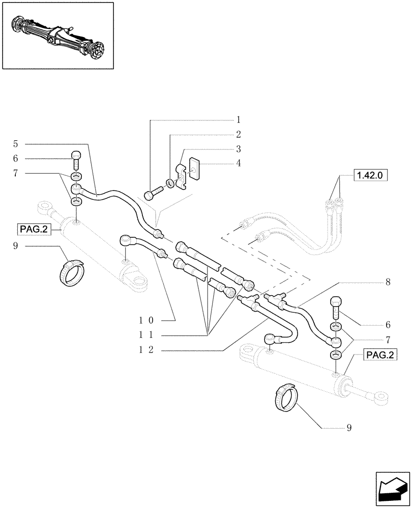 Схема запчастей Case IH JX1090U - (1.40. 0/07[03]) - FRONT AXLE 4WD - CYLINDER: PIPES (04) - FRONT AXLE & STEERING