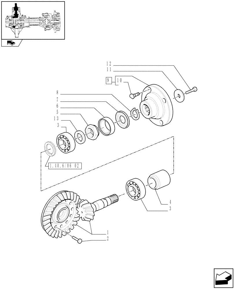 Схема запчастей Case IH MAXXUM 115 - (1.40.6/06[01A]) - (CL.4) SUSPENDED FRONT AXLE W/MULTI-PLATE DIFF. LOCK, ST. SENSOR AND BRAKES - BEVEL GEAR PAIR - D6758 (VAR.330430) (04) - FRONT AXLE & STEERING