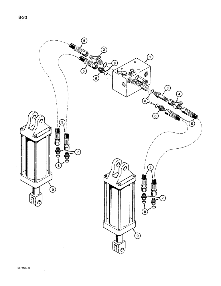 Схема запчастей Case IH 8600 - (8-30) - HYDRAULIC CONTROL LINES, TO MAIN FRAME DEPTH CONTROL CYLINDERS (08) - HYDRAULICS