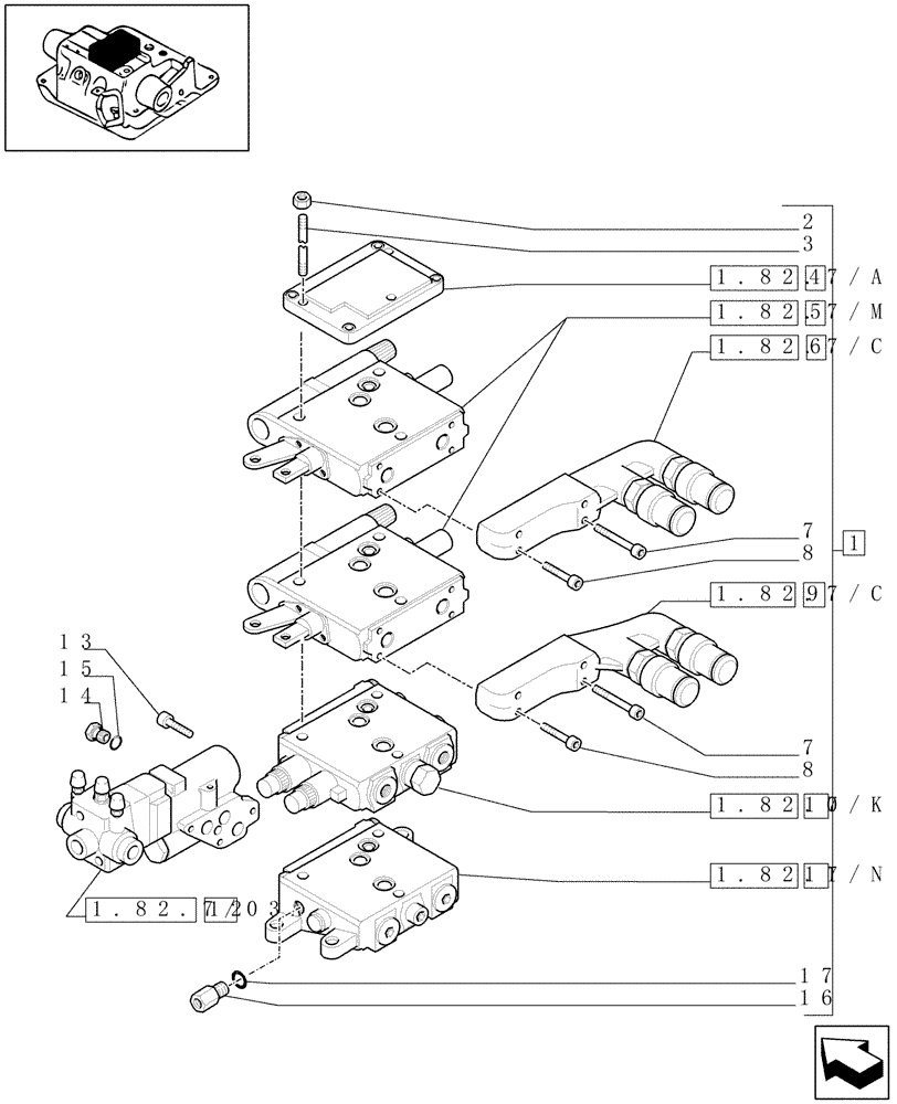 Схема запчастей Case IH MXU135 - (1.82.7/04[05]) - (VAR.255/1) 2 CCLS (EDC) CONTROL VALVES WITH TRAILER BRAKE VALVE AND ASSOCIATED PARTS - D5504 (07) - HYDRAULIC SYSTEM