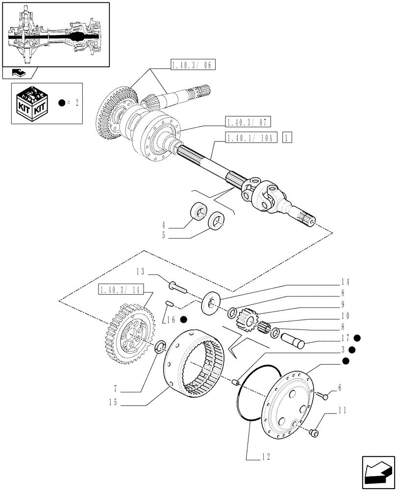 Схема запчастей Case IH PUMA 140 - (1.40. 3/10[01A]) - (CL.4) FRONT AXLE W/MULTI-PLATE DIFF. LOCK, ST. SENSOR AND BRAKES - GEARS AND SHAFTS - D5831 (VAR.330426) (04) - FRONT AXLE & STEERING