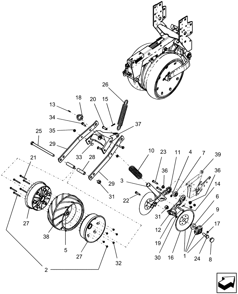 Схема запчастей Case IH 1260 - (75.200.34[01]) - ROW UNIT - PRESS WHEEL & COVERING DISC, WITH RH LEADING DISC OPENER (RH SIDE OF PLANTER) (75) - SOIL PREPARATION