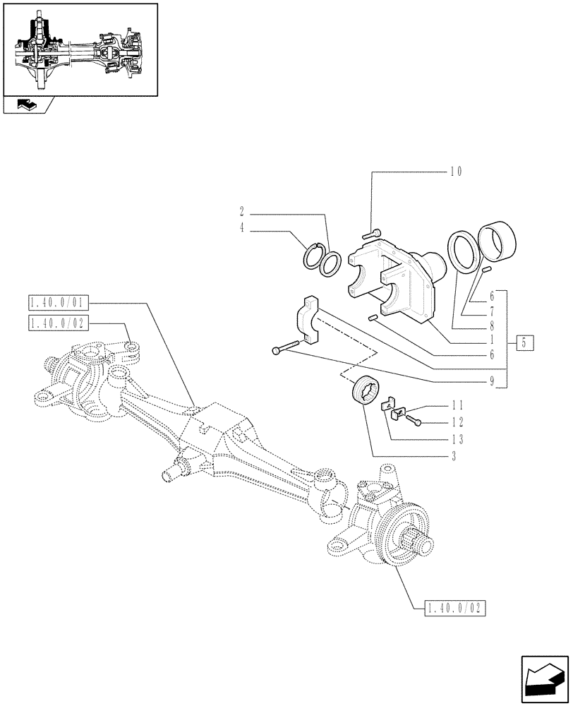 Схема запчастей Case IH FARMALL 90 - (1.40.1/05) - STANDARD FRONT AXLE W/LIMITED SLIP DIFF, W/ FRONT BRAKES 30KM/H - SUPPORT (VAR.335324-336324-743907-743552) (04) - FRONT AXLE & STEERING