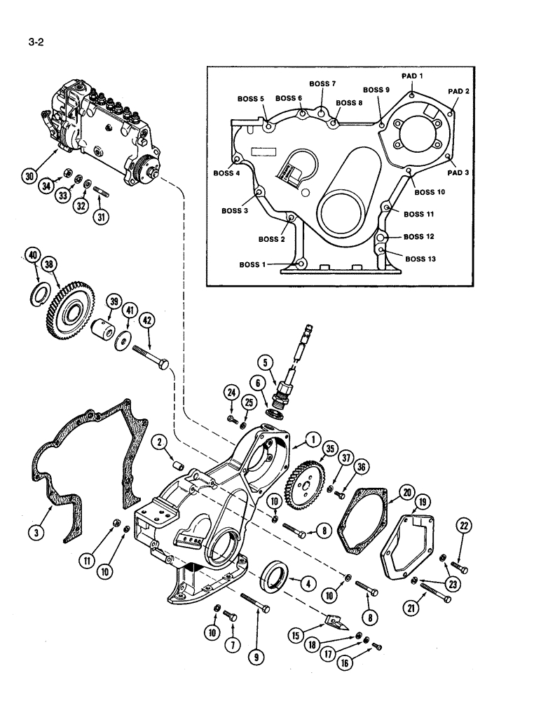 Схема запчастей Case IH 3394 - (3-02) - TIMING GEAR COVER AND INJECTION PUMP DRIVE, 504BDT DIESEL ENGINE (03) - FUEL SYSTEM