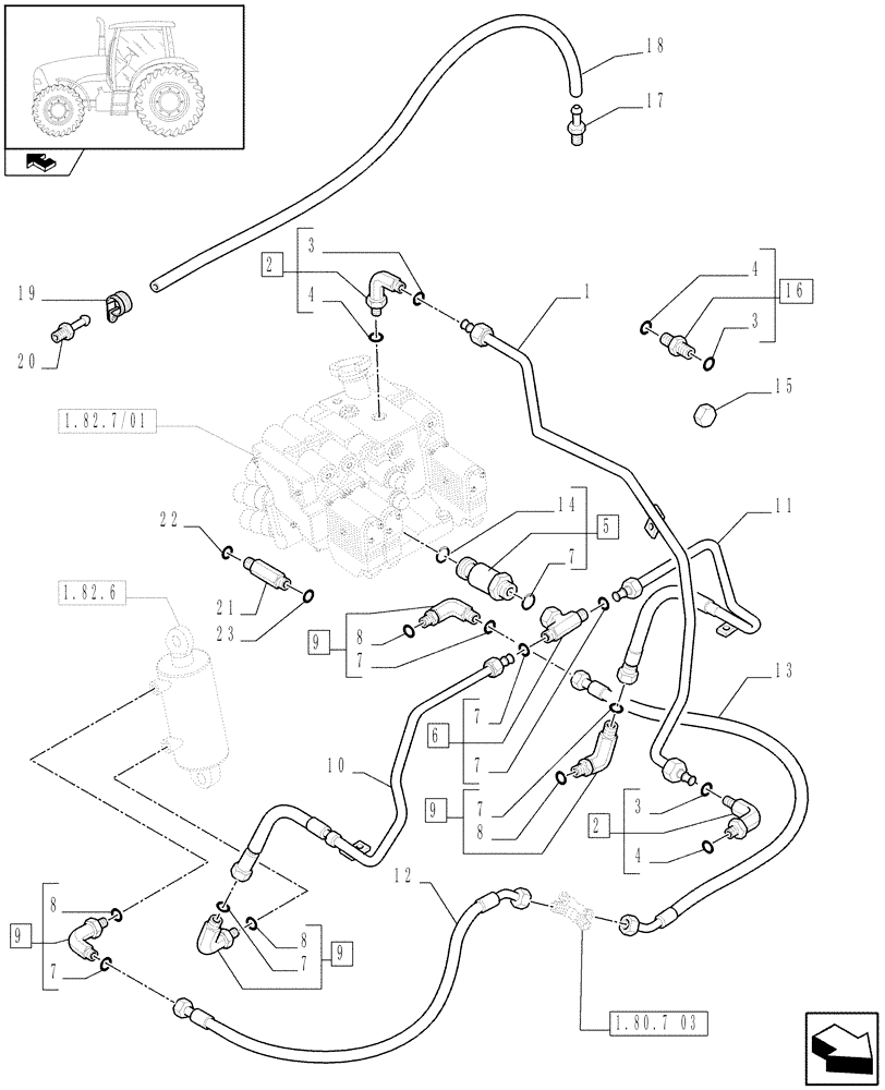 Схема запчастей Case IH PUMA 165 - (1.82.1/01[03]) - LIFTER LINES - LIFTER CYLINDERS PIPES AND REMOTE CONTROL VALVES DRAIN (07) - HYDRAULIC SYSTEM