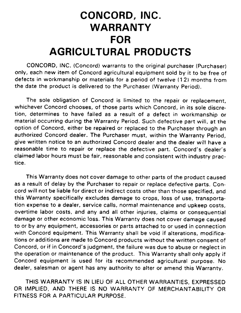 Схема запчастей Case IH 1002 - (02B) - CONCORD, INCORPORATED, WARRANTY FOR AGRICULTURAL PRODUCTS 