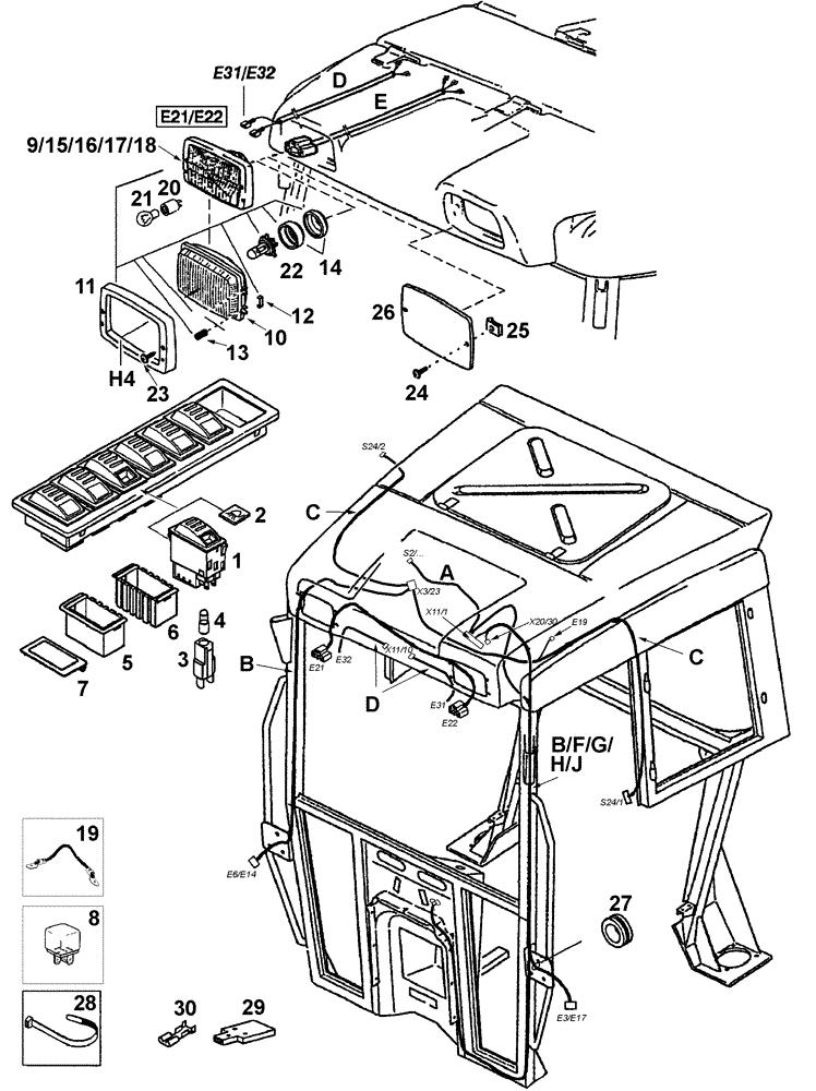 Схема запчастей Case IH C55 - (04-23[01]) - FRONT LIGHT - CAB (04) - ELECTRICAL SYSTEMS