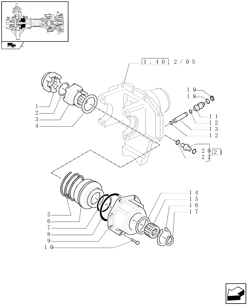 Схема запчастей Case IH PUMA 125 - (1.40.2/07[02]) - (CL.3) SUSPENDED FRONT AXLE WITH HYDR. DIFFER. LOCK AND STEERING SENSOR - DIFFERENTIAL LOCK (VAR.330414) (04) - FRONT AXLE & STEERING