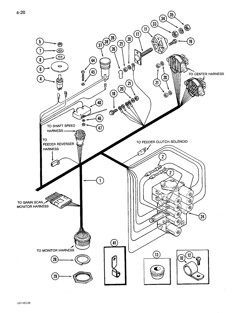 Схема запчастей Case IH 1680 - (4-020) - CONSOLE HARNESS, LEFT CONSOLE, P.I.N. JJC0047301 THROUGH JJC0117059 (06) - ELECTRICAL