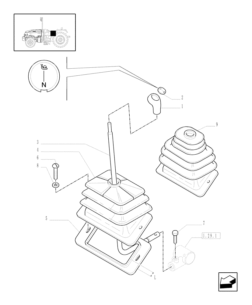 Схема запчастей Case IH JX1075N - (1.34.2/01) - (VAR.117) CREEPER TRANSMISSION FOR HI-LO - LEVER AND BELLOWS (04) - FRONT AXLE & STEERING