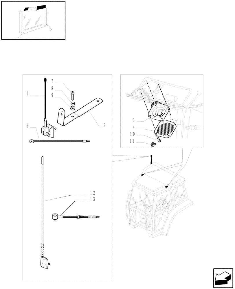 Схема запчастей Case IH JX1070U - (1.91.7/07) - (VAR.047) ROOF LOW PROFILE - RADIO SET PREARRANGEMENT - ANTENNA & LOUDSPEAKERS (10) - OPERATORS PLATFORM/CAB