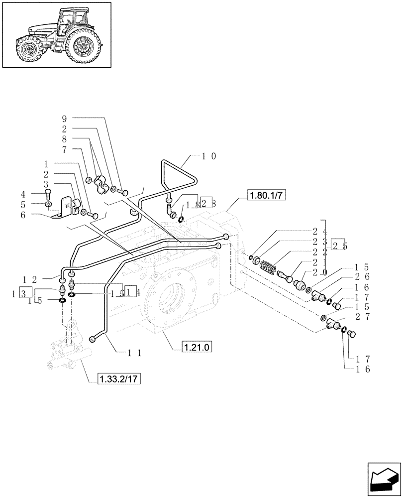 Схема запчастей Case IH JX1070U - (1.80.6/04) - (VAR.729) SYNCHRO MESH GEARED POWER TAKE -OFF540 - 750 - 1000 RPM - PIPES (07) - HYDRAULIC SYSTEM