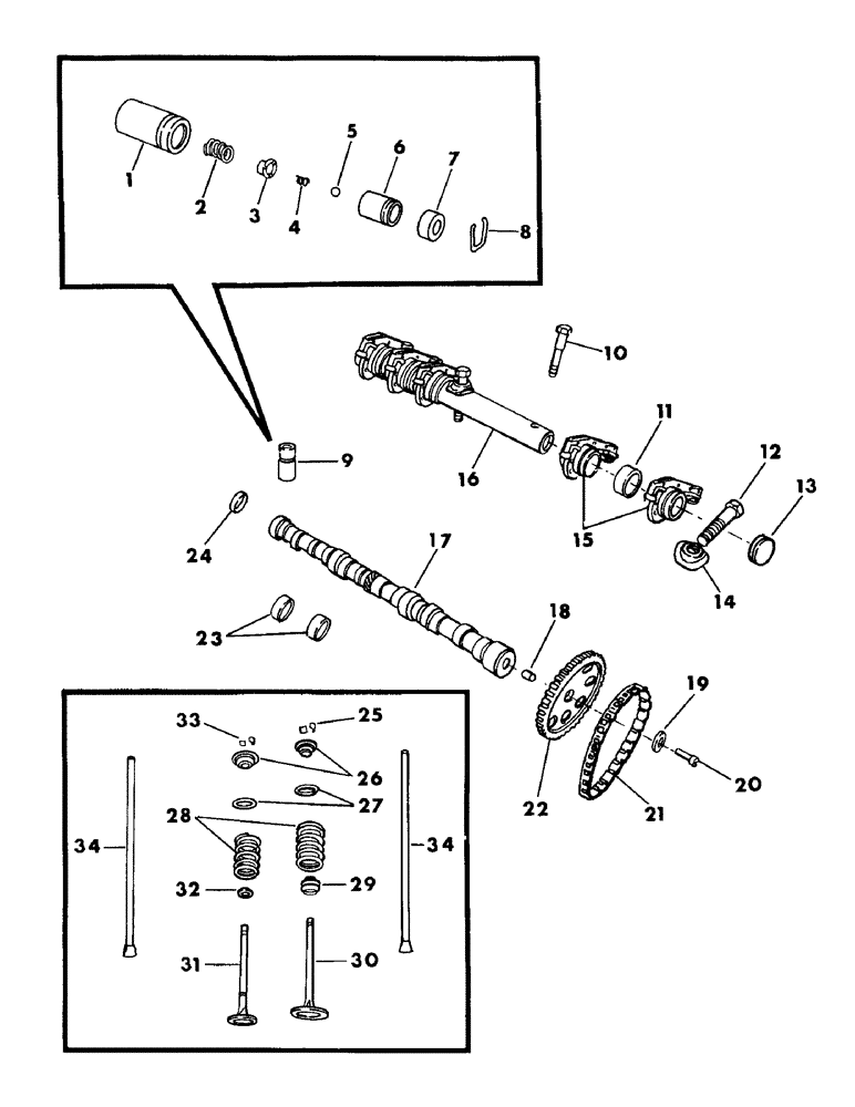 Схема запчастей Case IH 6500 - (2-20) - CAMSHAFT, VALVES, ROCKET SHAFT AND TIMING CHAIN, H225 GAS ENGINE (02) - ENGINE