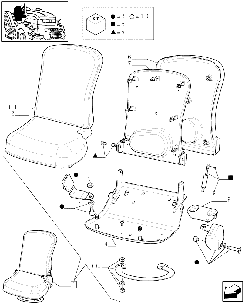 Схема запчастей Case IH MXU135 - (1.93.3/02B) - (VAR.402-885) PASSENGER SEAT WITH BELTS - BREAKDOWN (10) - OPERATORS PLATFORM/CAB