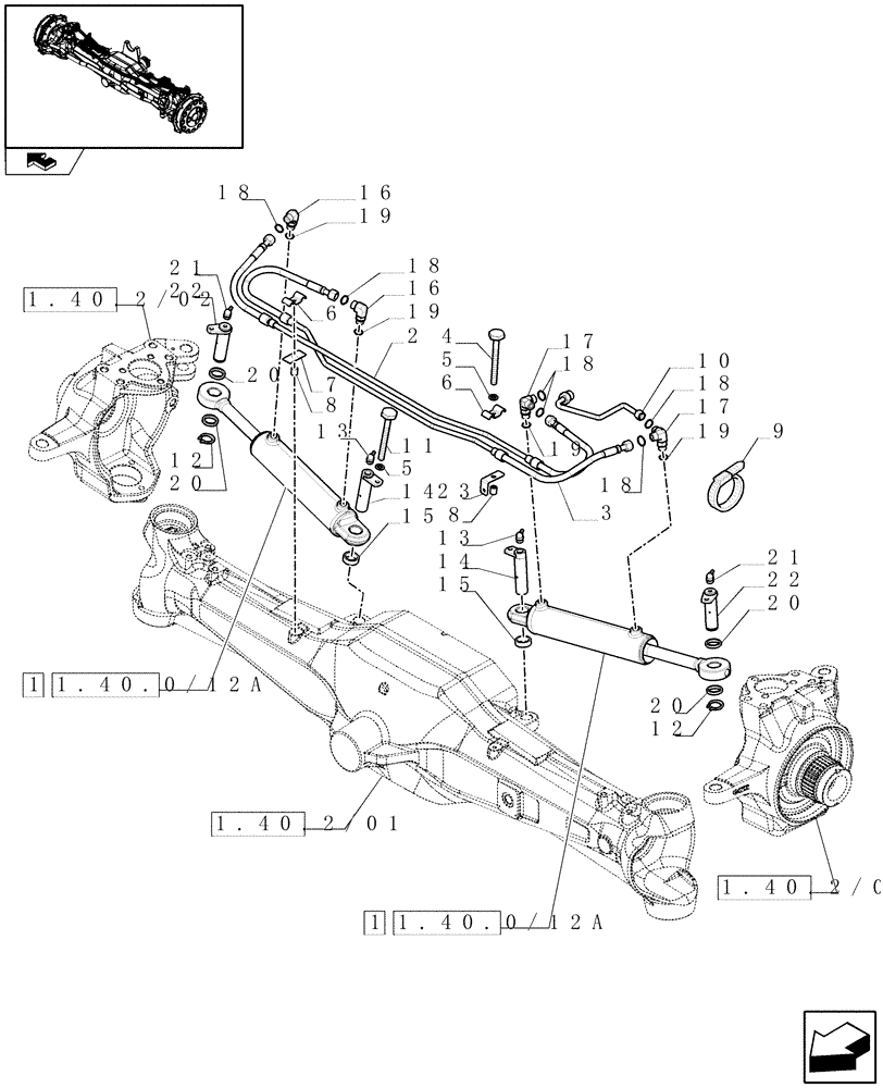 Схема запчастей Case IH PUMA 180 - (1.40.2/12) - (VAR.463) FRONT AXLE WITH ACTIVE SUSPENSIONS - HYDRAULIC STEERING CYLINDER (04) - FRONT AXLE & STEERING