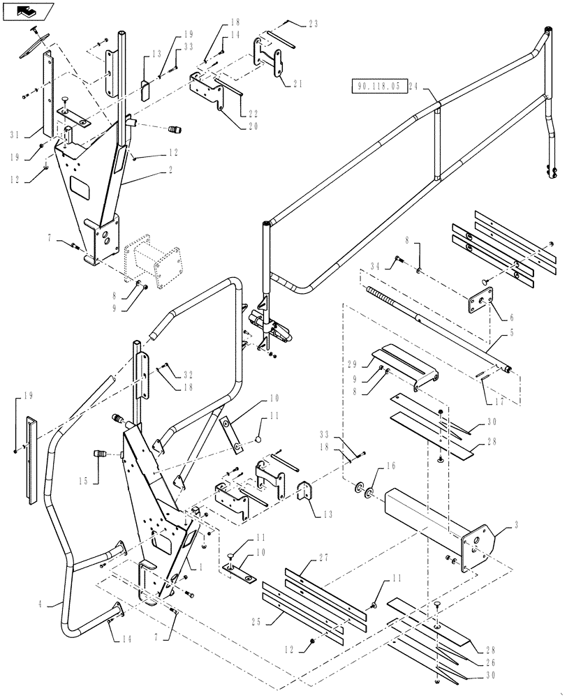 Схема запчастей Case IH 3330 - (90.118.04) - CRADLE/HANDRAIL ASSEMBLY, 120’ BOOM (90) - PLATFORM, CAB, BODYWORK AND DECALS