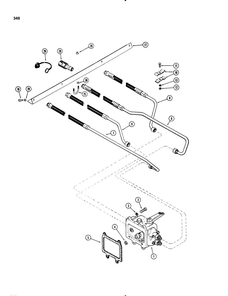 Схема запчастей Case IH 1270 - (348) - LEFT HAND REMOTE VALVE TUBES AND COUPLINGS, PRESSURE TYPE COUPLINGS, FIRST USED P.I.N. 8770001 (08) - HYDRAULICS