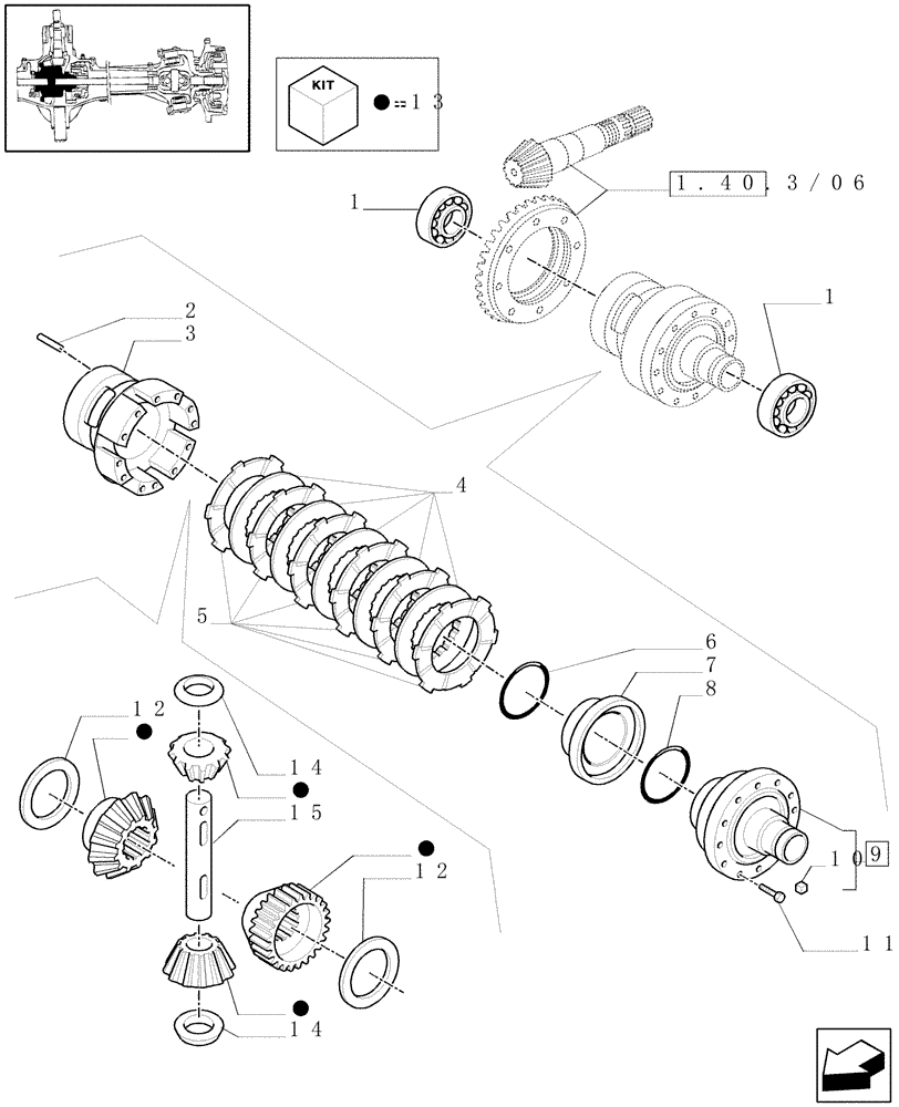 Схема запчастей Case IH MAXXUM 120 - (1.40. 3/07[01]) - (CL.3) FRONT AXLE W/MULTI-PLATE DIFF. LOCK AND STEERING SENSOR - DIFFERENTIAL - C5954 (VAR.330409) (04) - FRONT AXLE & STEERING