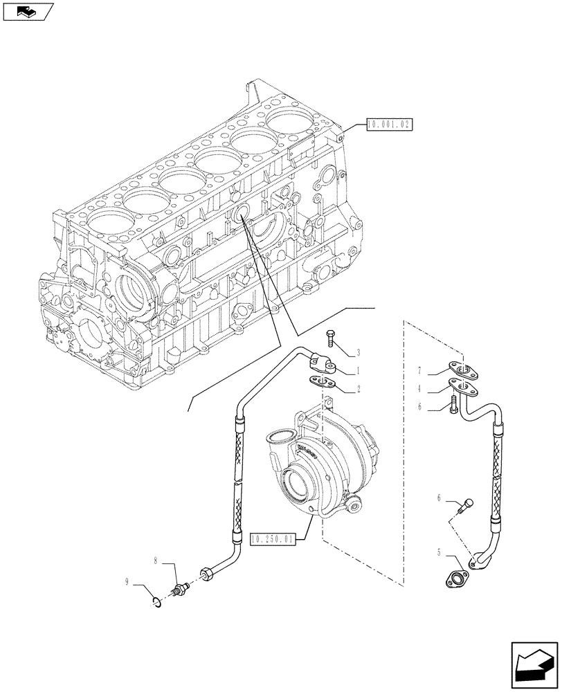 Схема запчастей Case IH F3BFA613A E001 - (10.250.02[01]) - TURBOCHARGER & RELATED PARTS (10) - ENGINE