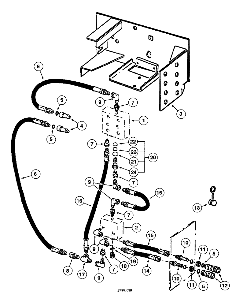 Схема запчастей Case IH 2350 - (3-42) - TRACTOR VALVE TO EXTERNAL VALVE SYSTEM, USING ONE THREE SPOOL VALVE WITH ONE SINGLE SPOOL VALVE 