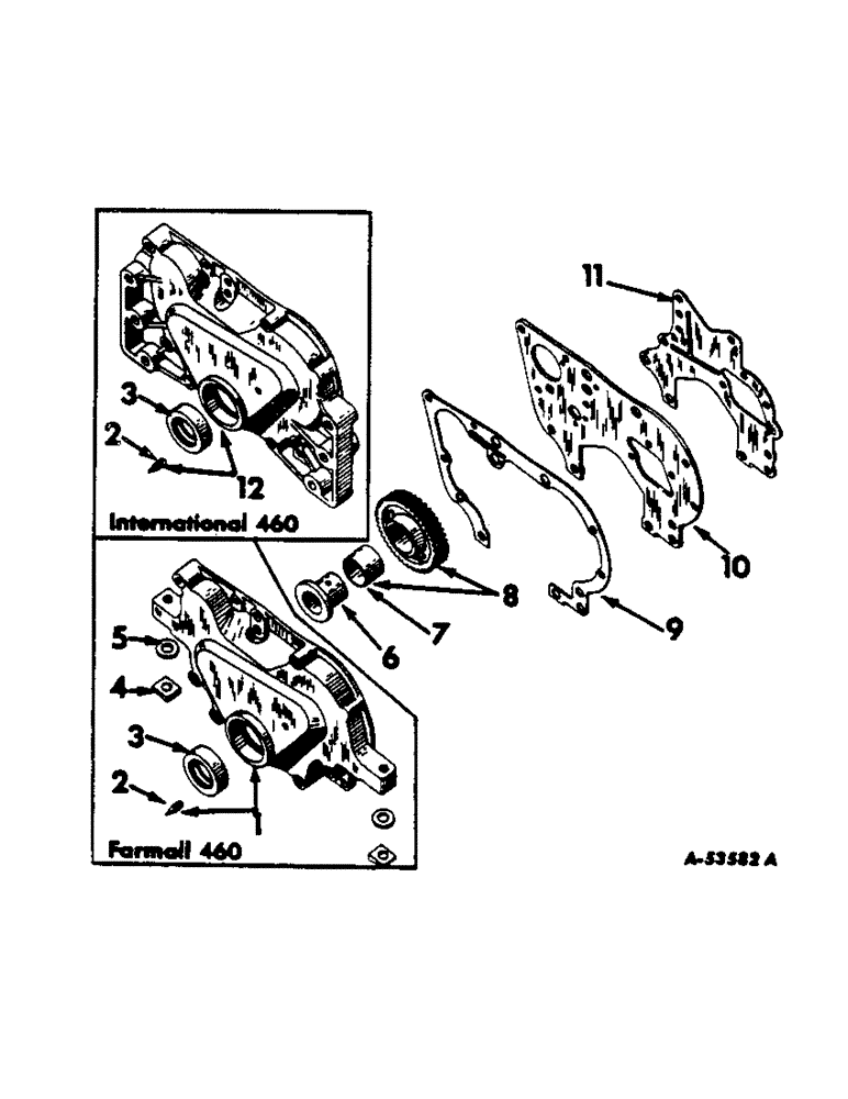 Схема запчастей Case IH 460 - (011) - CARBURETED ENGINE, CRANKCASE FRONT COVER AND IDLER GEAR (01) - ENGINE