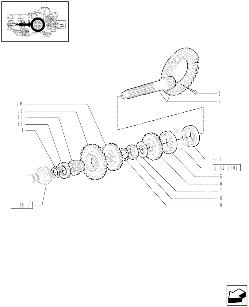 Схема запчастей Case IH JX95 - (1.32.1/07[01]) - CENTRAL REDUCER GEARING - BEVEL GEAR PAIR AND DRIVEN GEARS - FOR HIGH CLEARANCE VERSION (03) - TRANSMISSION